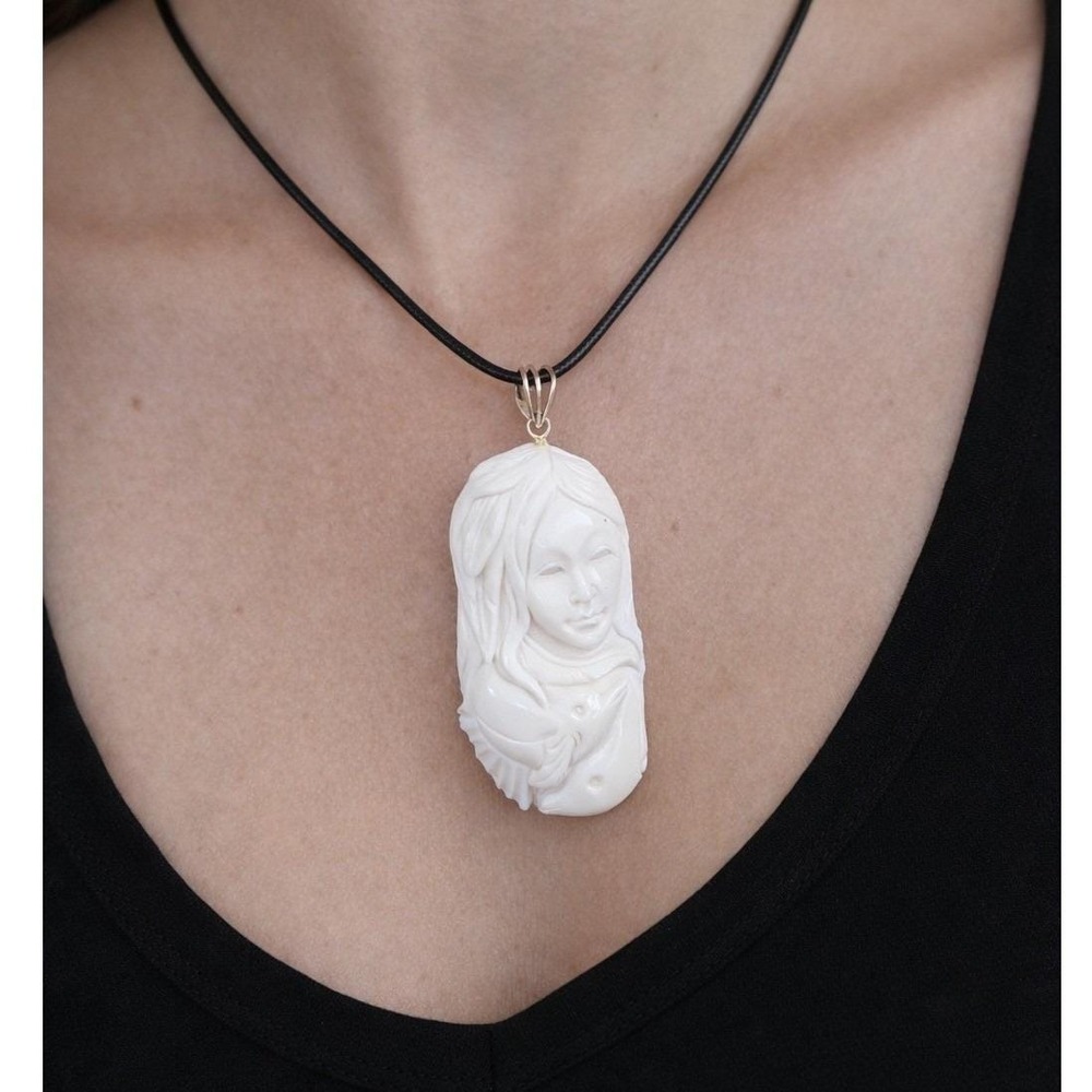 Vintage Carved Woman Dolphin Pendant Necklace Artisan